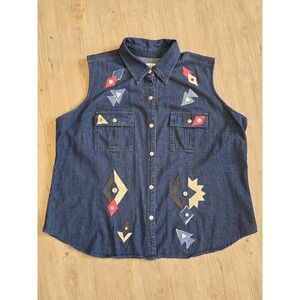 Handmade Vintage 80's Dark Wash Denim Patchwork Prairies Canada Scene  Vest‎ L